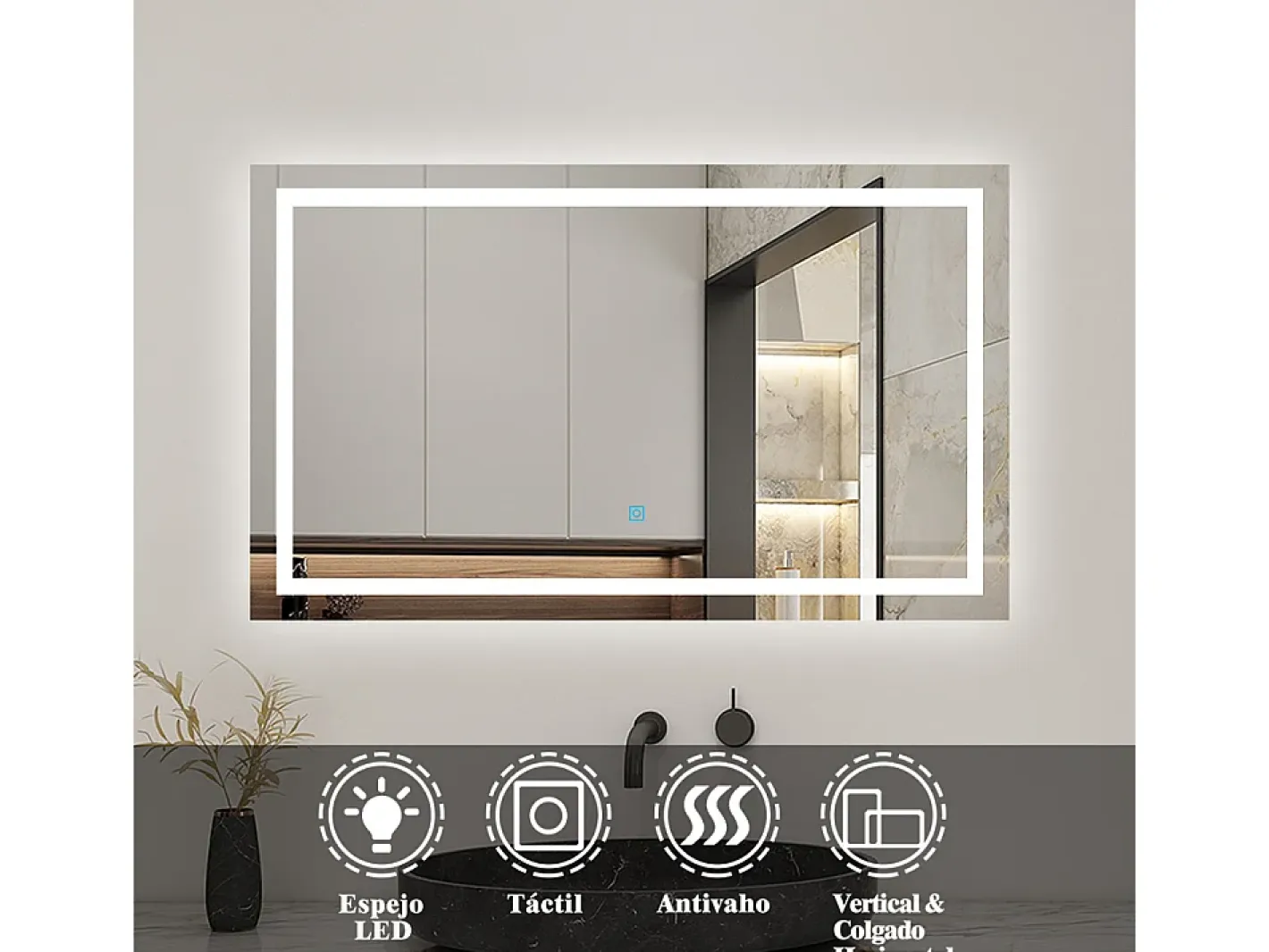 Espejo-AICA Espejo 90 x 65 cm ,rectangular ,luz led,antivaho y brillo regulable,función de memoria agapada Transparente