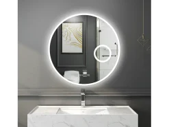 AICA espejo 60 x 60 cm, rendondo, reloj led, con función antivaho,con luz de 3 colores,brillo ajustable,función de memoria agapada Transparente Hot