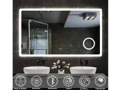 Clearance AICA Espejo 120 x 70 cm,rectangular,con función antivaho,Bluetooth，lupa 3x,con luz de 3 colores,brillo ajustable,función de memoria agapada Transparente
