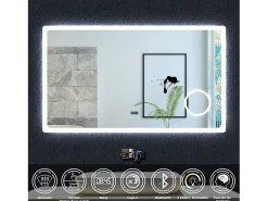 Outlet AICA espejo 140 x 80 cm,rectangular,con función antivaho,Bluetooth，lupa 3x,reloj led, espejo con luz de 3 colores,brillo ajustable,función de memoria agapada Transparente