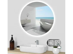 Discount AICA Espejo de baño con iluminación LED Espejo redondo,80 x 80 cm,luz 3 colores, antivaho, brillo ajustable, memoria de apagado Transparente