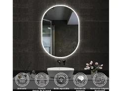 Aica Espejo-Espejo de baño LED 45 x 90 cm, ovalado, antivaho, luminosidad regulable Transparente