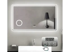 Aica Espejo-Espejo de baño LED 160×80cm,Reloj,Lupa,Bluetooth Transparente