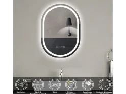 Aica Espejo de baño LED 50×70cm,reloj,antivaho,luminosidad regulable,ovalado Transparente Hot