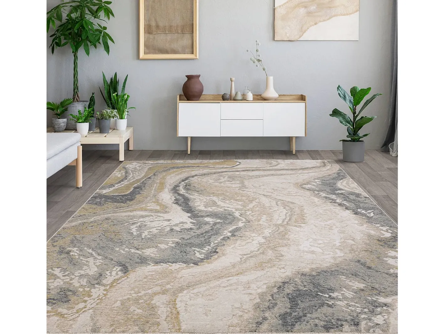 Alfombra De Salón-Alfombra abstracta - 200x300cm - gris, crema, oro - Seville Oro Beige