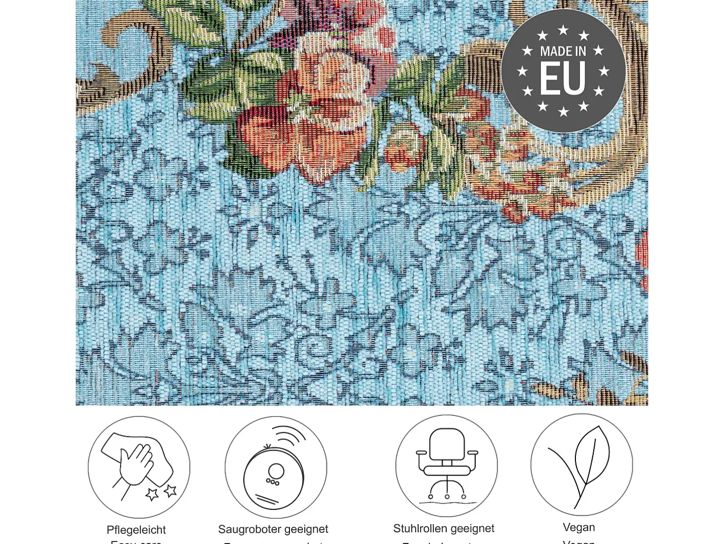 Alfombra De Salón-Alfombra con borde y motivos florales 60x90 cm Turquesa Flomi Azul turquesa