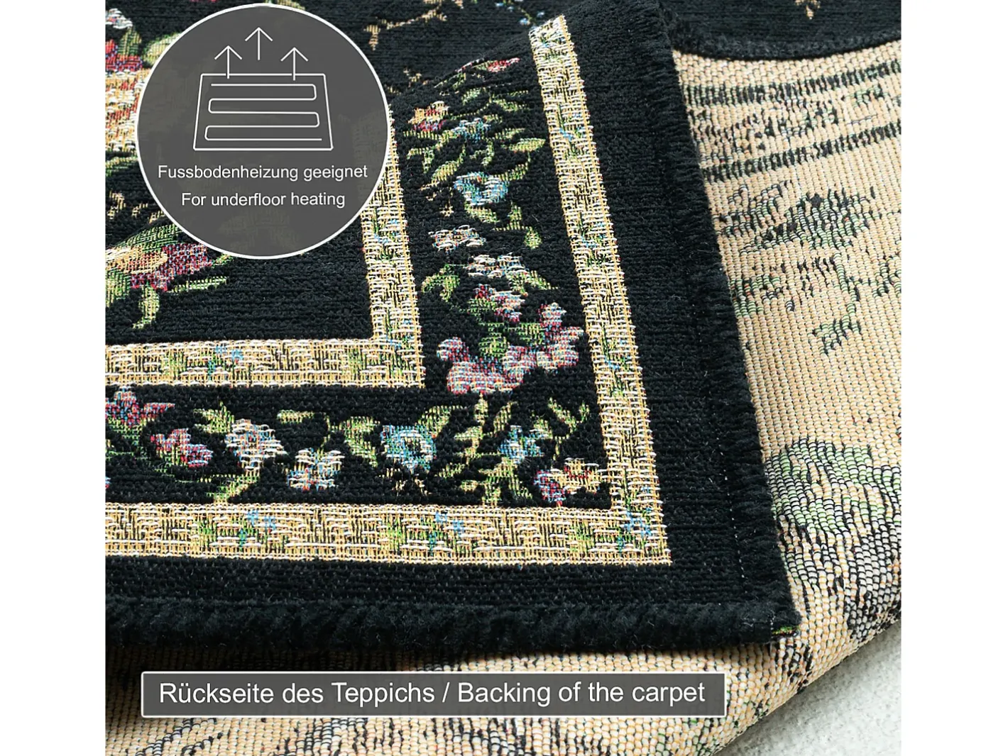 Alfombra con borde y motivos florales 240x330 cm Flomi Negro