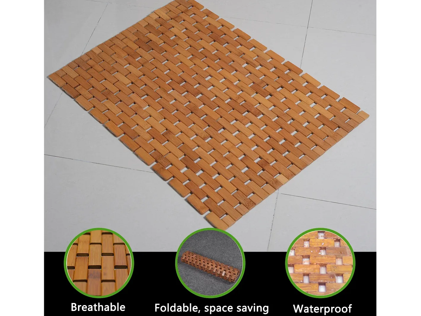Alfombra De Baño|Ropa De Cama-Alfombra de baño de teca, alfombra de ducha de madera, alfombra de bañera, patas de goma antideslizantes, enrollable, 70x50cm Marru00f3n chocolate