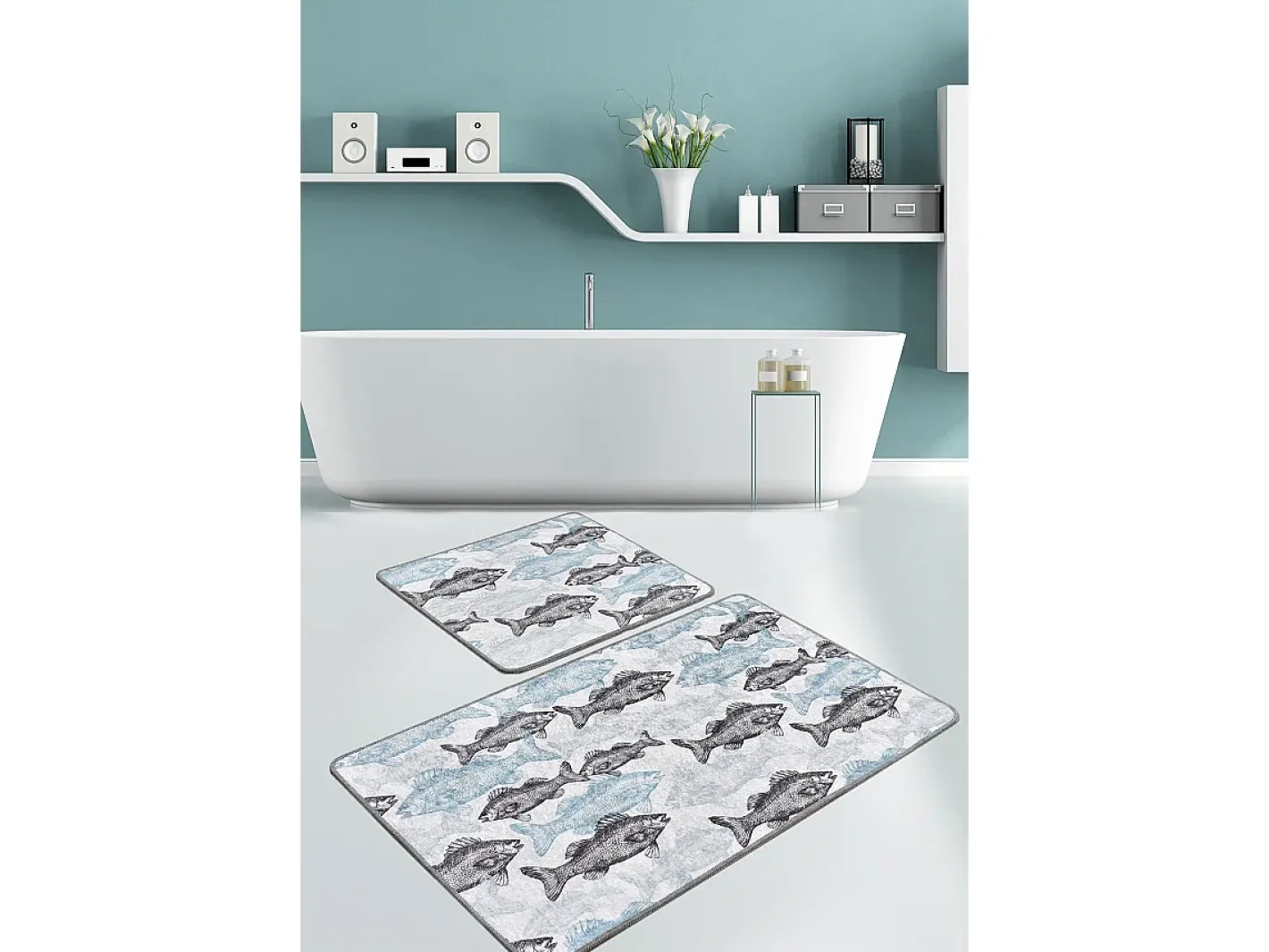 Alfombra De Baño|Ropa De Cama-Alfombra de baño Set (2 piezas) Aqua Fish DJT Multicolor
