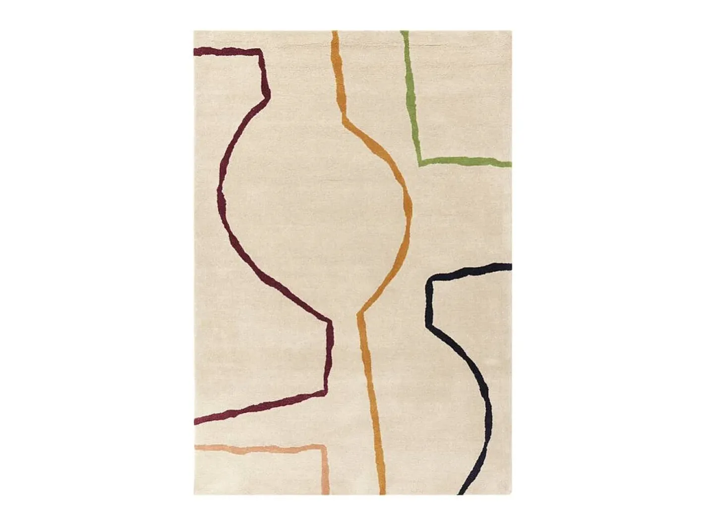 Alfombra de estilo medio siglo, hecha a mano 100% lana - 200x290cm - crema, verde, ocre, burdeos, negro - Reef Linear Multicolor