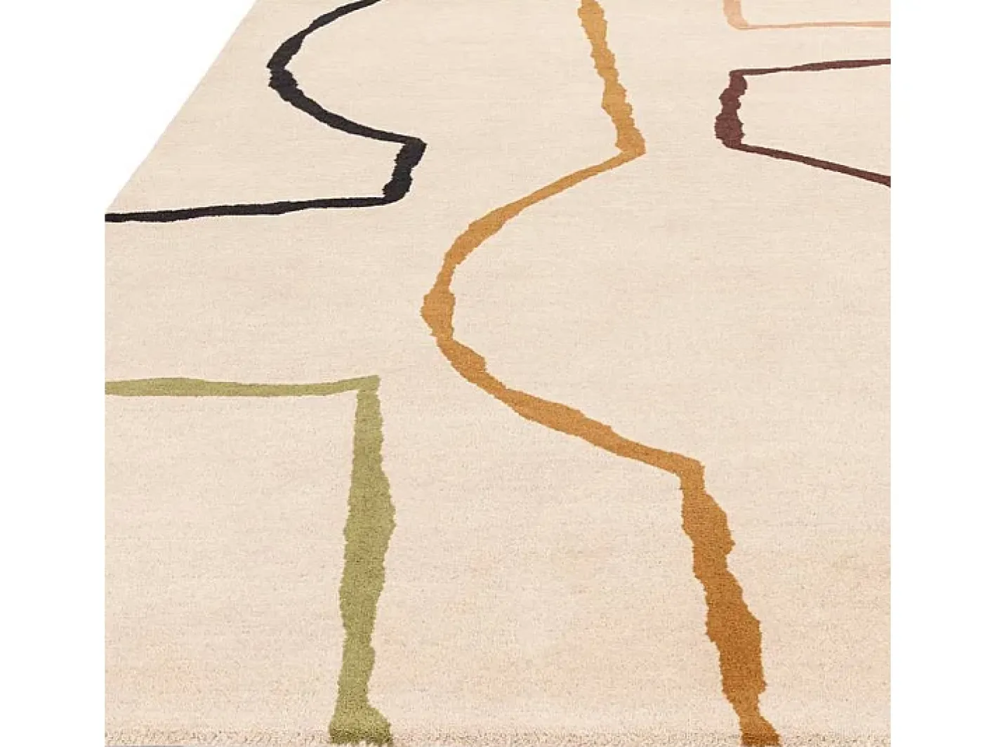 Alfombra de estilo medio siglo, hecha a mano 100% lana - 200x290cm - crema, verde, ocre, burdeos, negro - Reef Linear Multicolor