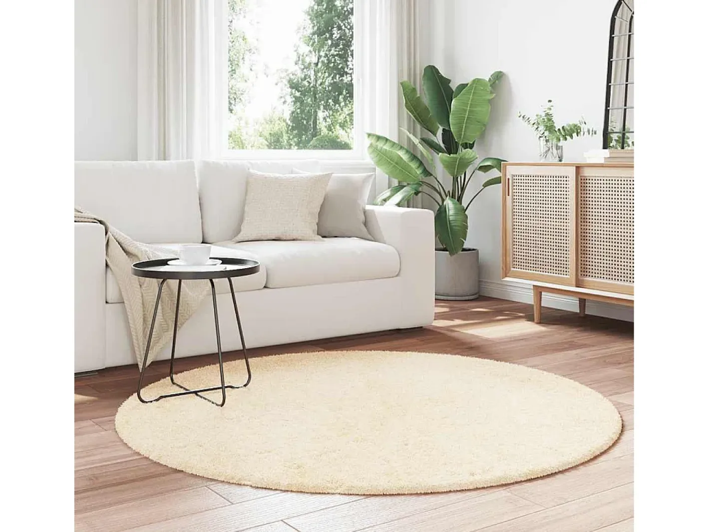 Alfombra De Cocina|Alfombra Redonda-Alfombra de pelo largo NAVARRA color crema 160x160 cm poliéster Blanco