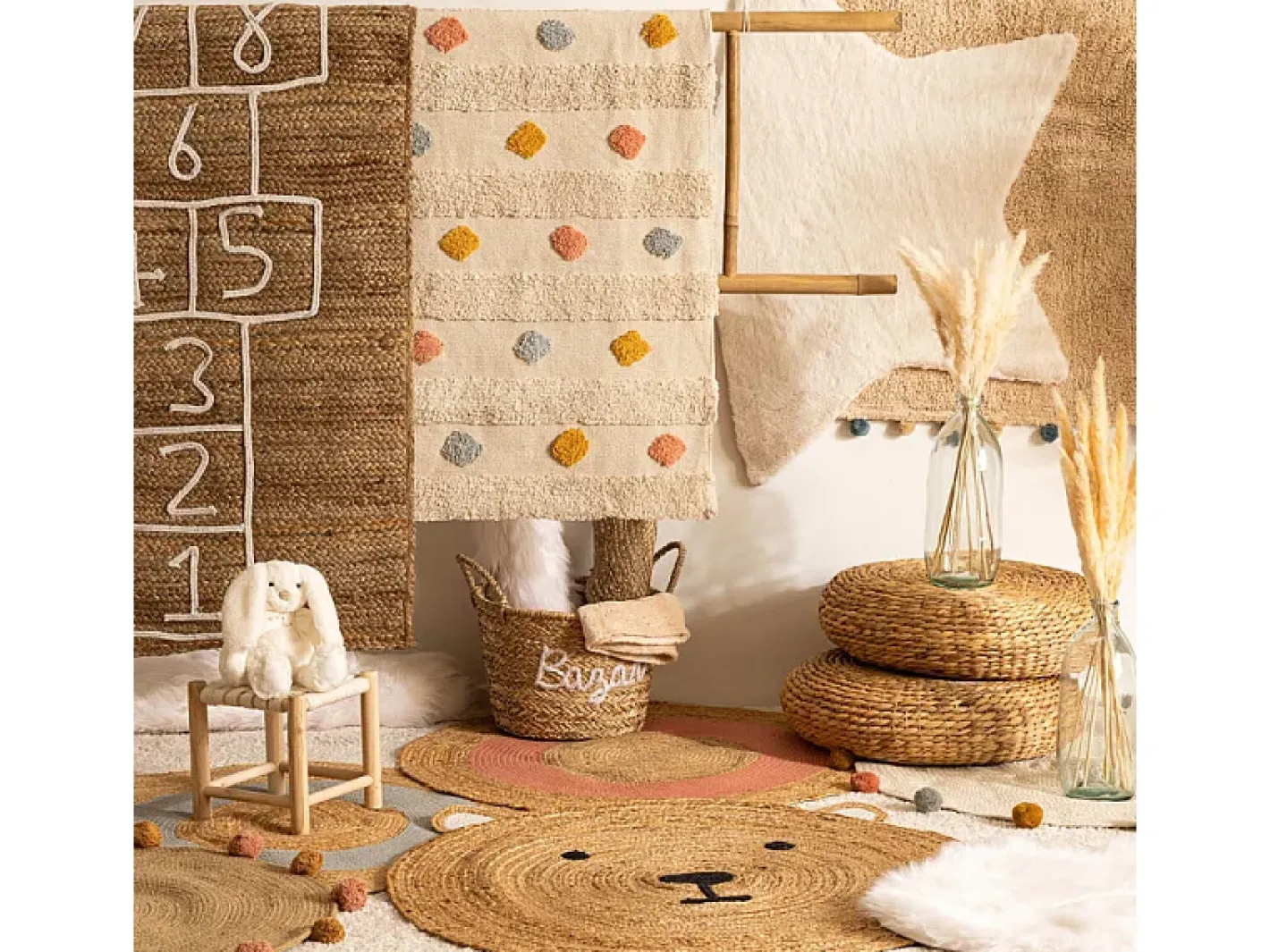 Atmosphera for Kids Alfombra De Salón|Alfombra Infantil-Alfombra pompon algodón 90x90cm Beige