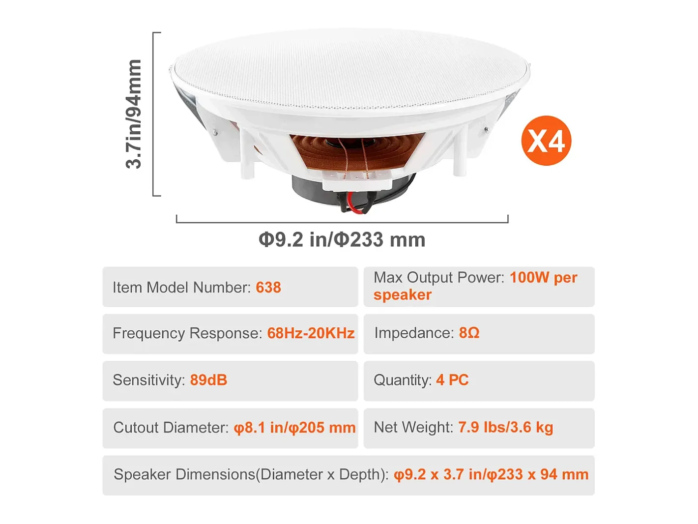Altavoces de Techo SucceBuy Lote de 4 100 W 8 Pulgadas, Montaje Empotrado, Sistema de Altavoces Empotrados en Techo y Pared Blanco