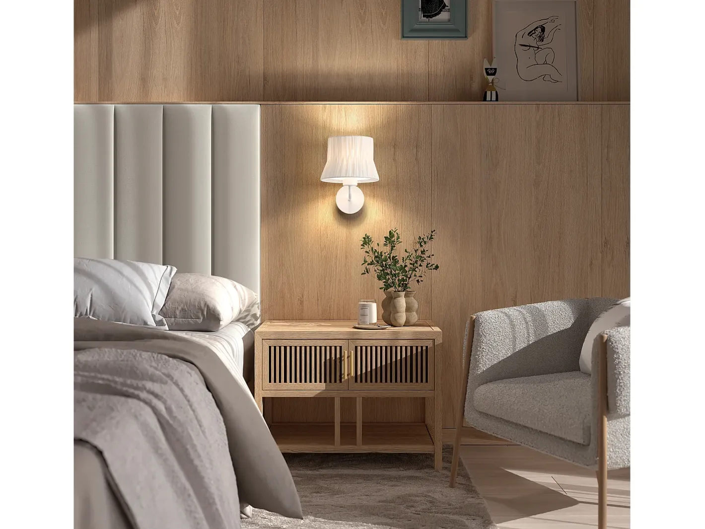 Outlet Aplique de pared CORA estilo clásico - Alt. 23,5 cm - E27 40W - pantalla cinta plisada ø20 cm - acero y - IP20 Blanco