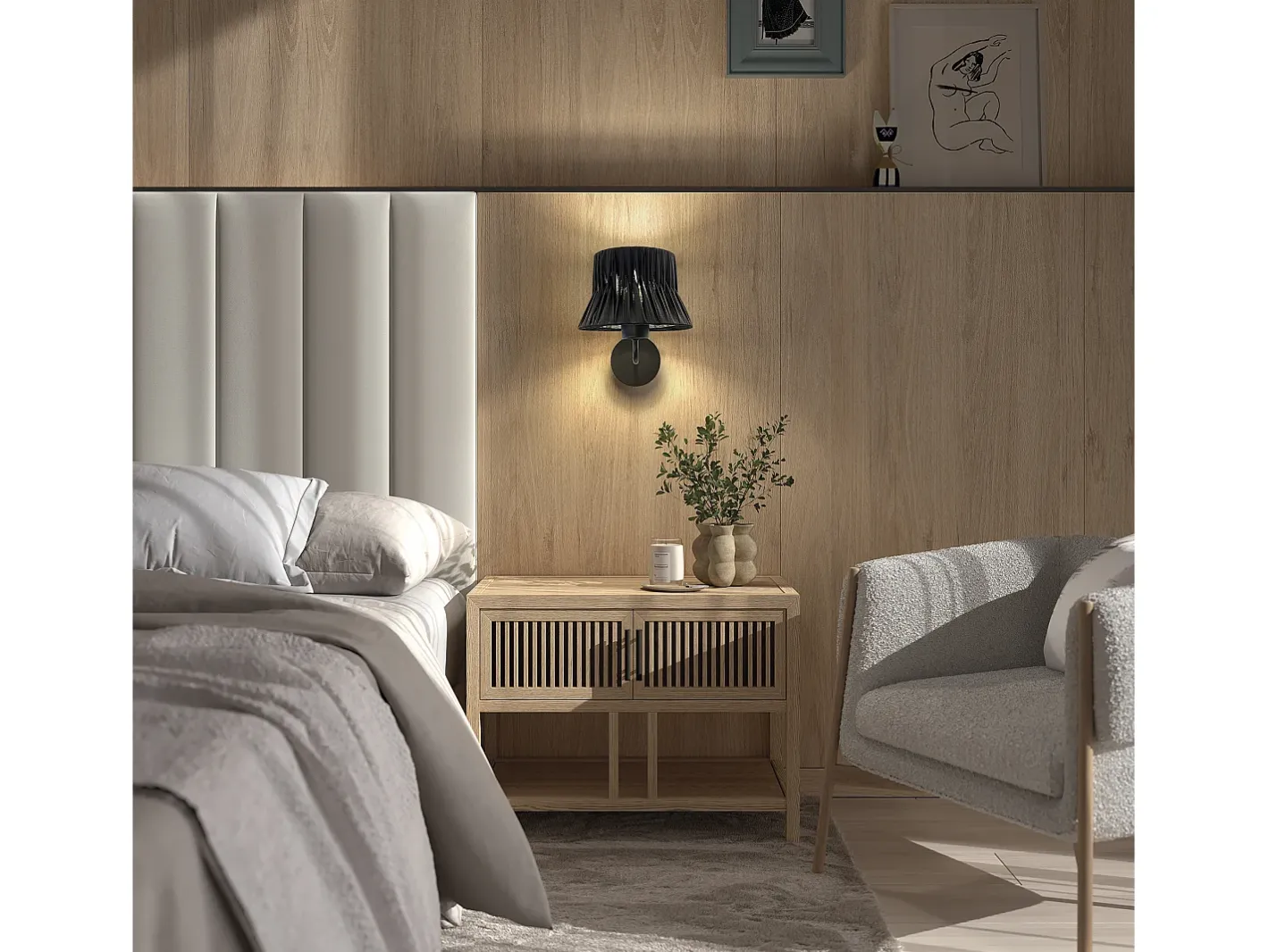Aplique Para Pared-Aplique de pared CORA estilo clásico - Alt. 23,5 cm - E27 40W - pantalla cinta plisada ø20 cm - acero y - IP20 Negro