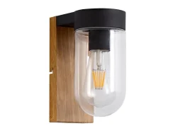 Outlet BRAYTRON Aplique de pared exterior, madera oscura, metal negro y cristal, casquillo E27, 1 x 40 W Transparente