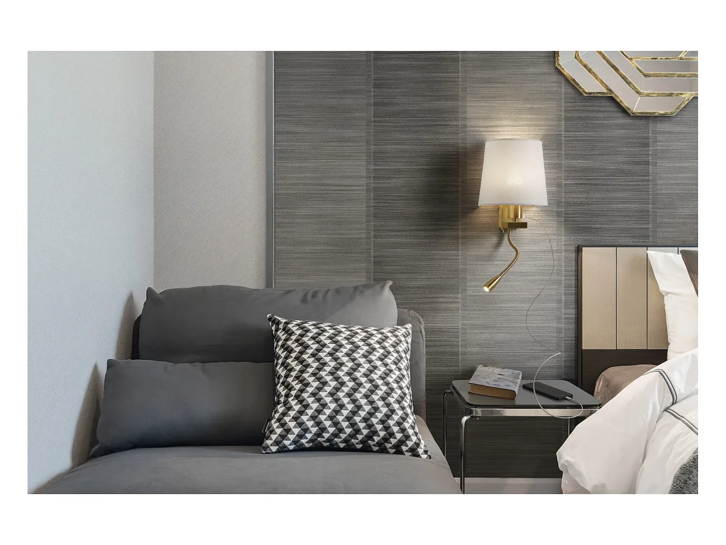 Aplique Para Pared-Aplique de pared FIRENZE estilo clásico - Alt. 43 cm - E27 60W + LED SMD 3W - 2x on&off - 2x USB - acero y algodón - niquel satinado y blanco - IP20 Gris