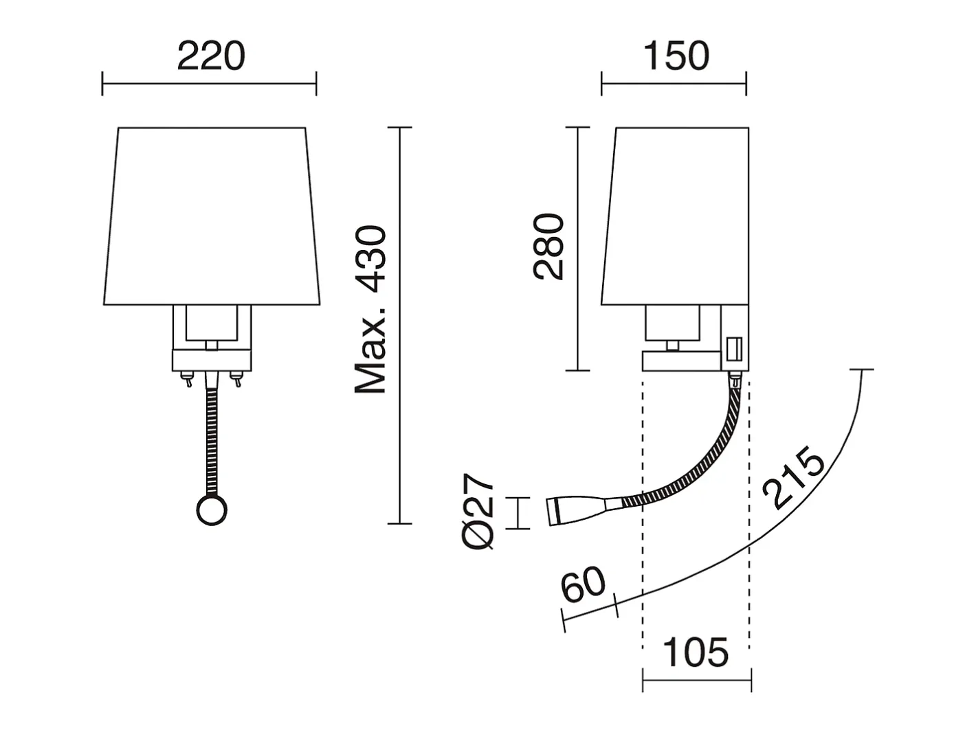 Aplique Para Pared-Aplique de pared FIRENZE estilo clásico - Alt. 43 cm - E27 60W + LED SMD 3W - 2x on&off - 2x USB - acero y algodón - niquel satinado y blanco - IP20 Gris