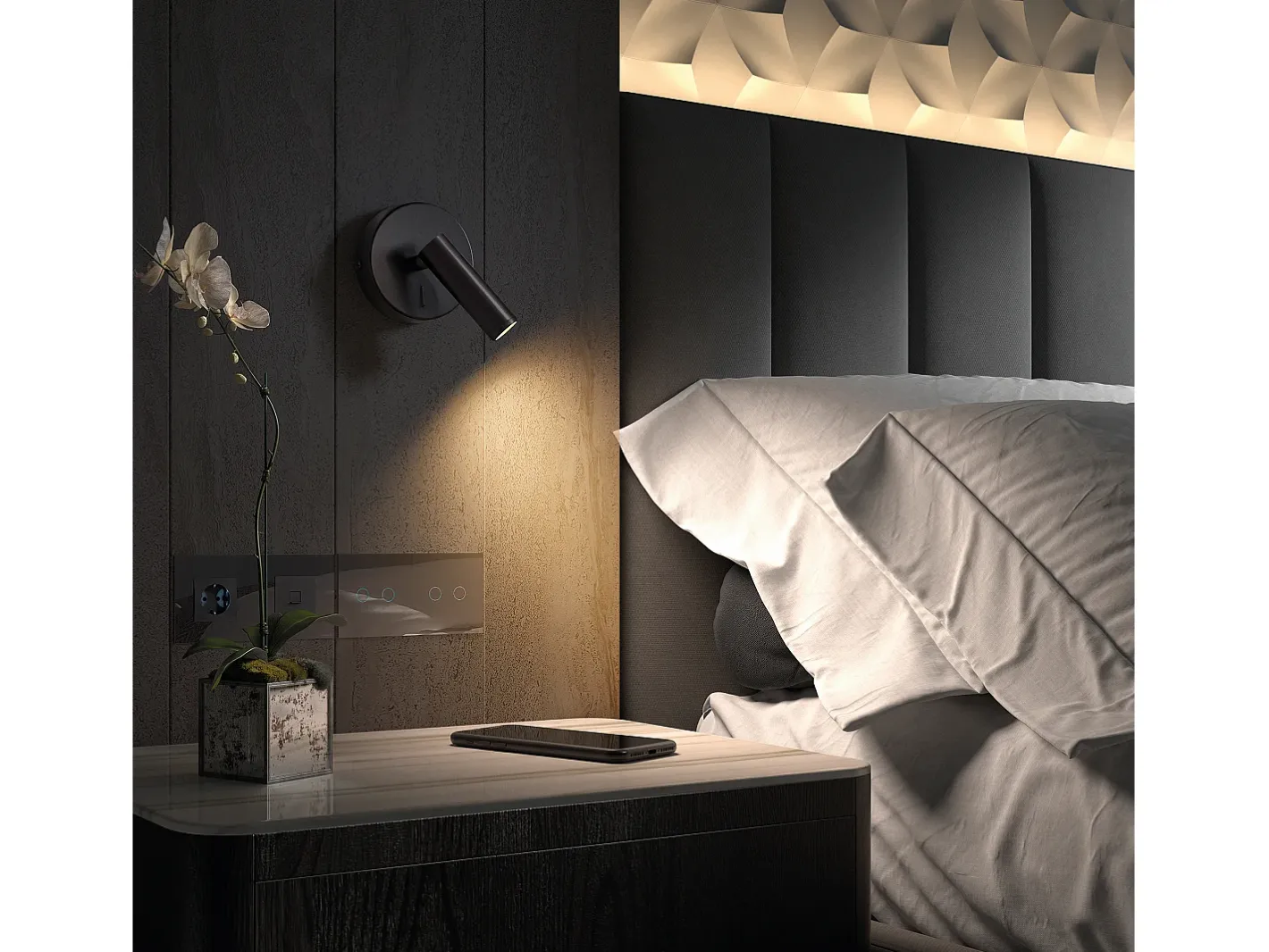 Outlet Aplique de pared MINIMAL estilo moderno y versátil - D. 9,5 cm - LED SMD 3W - 200lm y 3K - on&off - 300º y 90º grados - acero y Negro