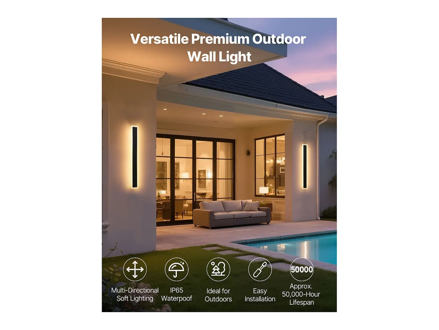 Iluminación Exterior-Aplique de Pared SucceBuy de Exterior, 6 W, Iluminación Exterior de Pared, Banda Luminosa Larga Moderna LED, 60 cm, Blanco Cálido 3000 K, Estanqueidad IP65 Negro