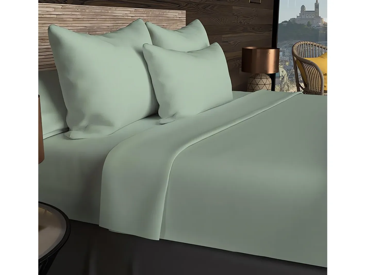 Soleil d'ocre Ropa De Cama-Bajera ajustable de algodón 57 hilos 90x190 cm LISO agua Verde