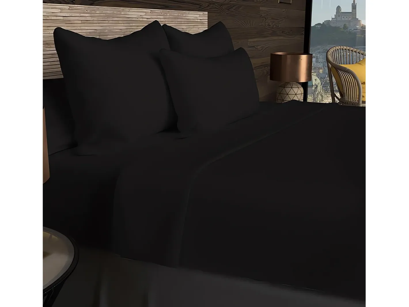 Soleil d'ocre Ropa De Cama-Bajera ajustable de algodón 57 hilos 140x200 cm LISO Negro