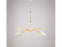 Lámpara Suspendida-Bilbao - Lámpara de hierro lacado en con decoración. Efecto decapé y difusores de cristal d. 30 blanco y ámbar 2 luces L. 89 X 30 Marfil