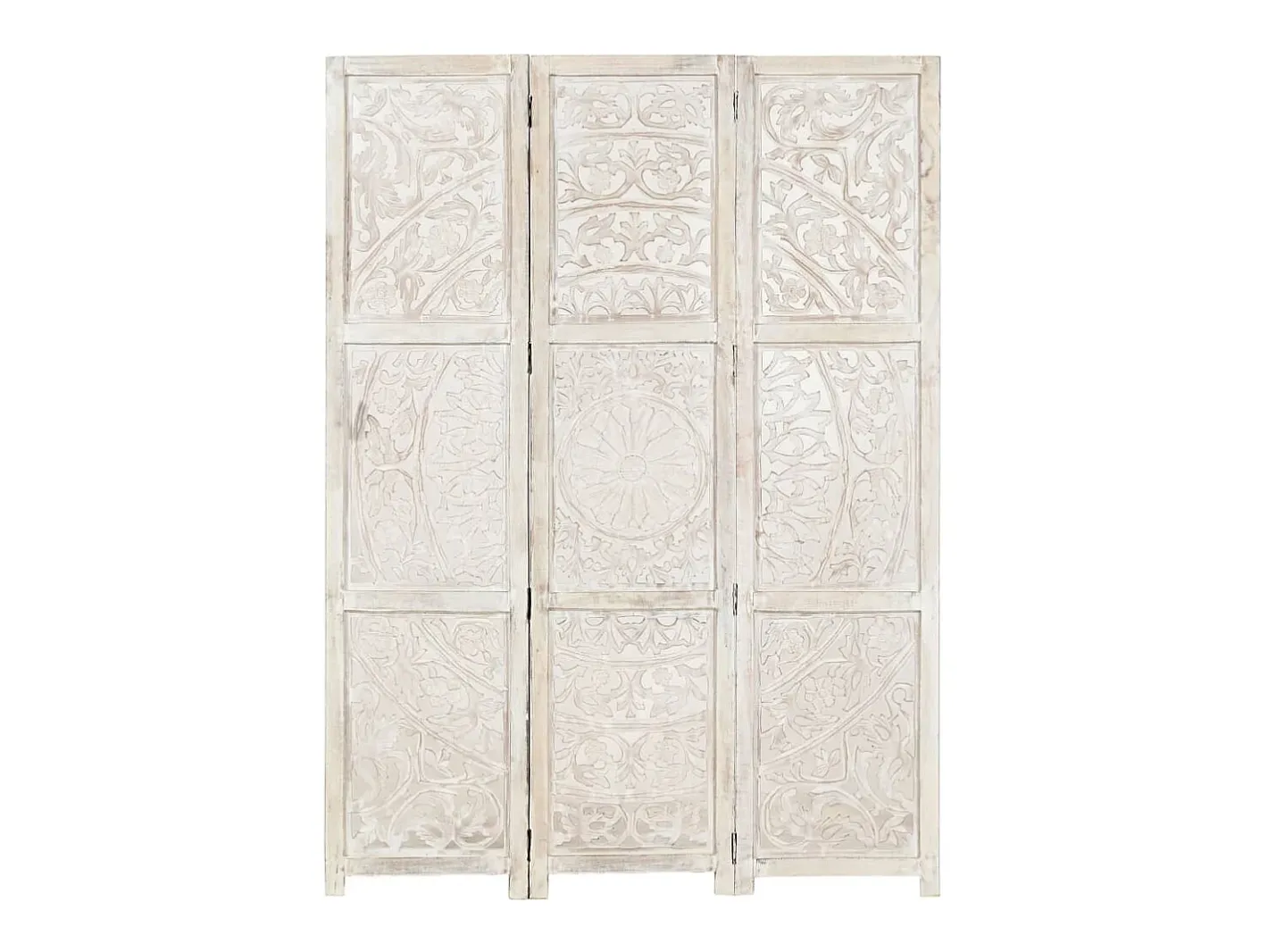 Hot vidaxl Biombo 3 paneles tallado a mano madera mango 120x165 cm Blanco