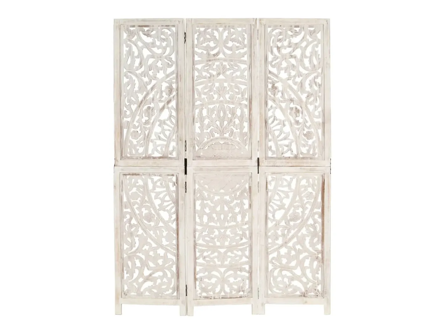 Hot vidaxl Biombo 3 paneles tallado a mano madera mango 120x165 cm Blanco
