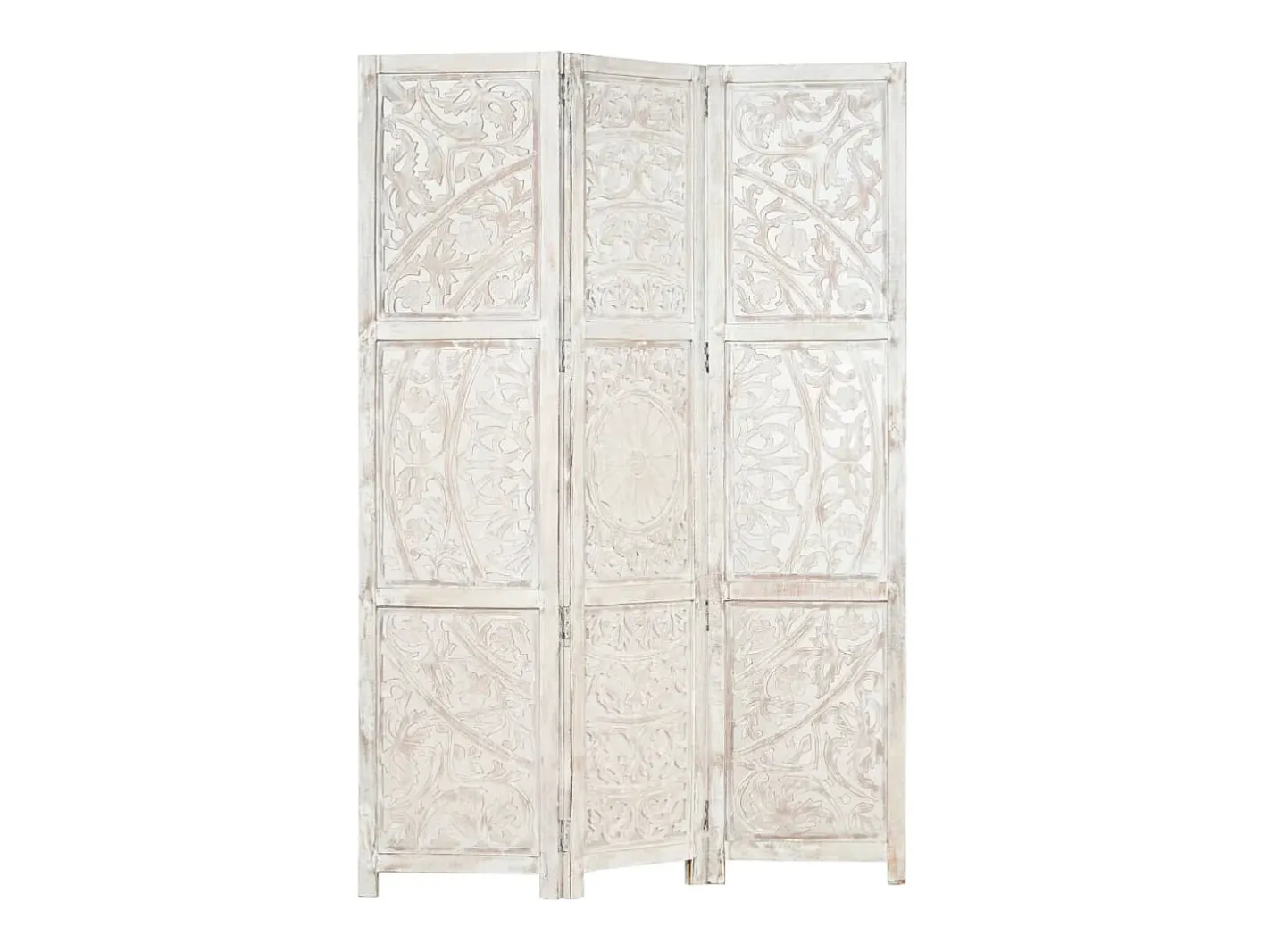 Hot vidaxl Biombo 3 paneles tallado a mano madera mango 120x165 cm Blanco