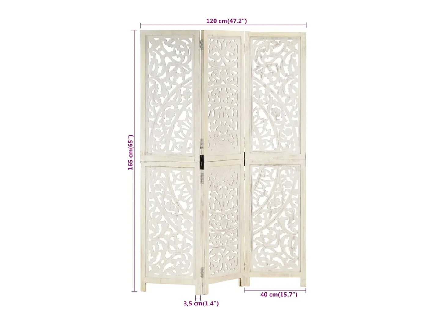Hot vidaxl Biombo 3 paneles tallado a mano madera mango 120x165 cm Blanco