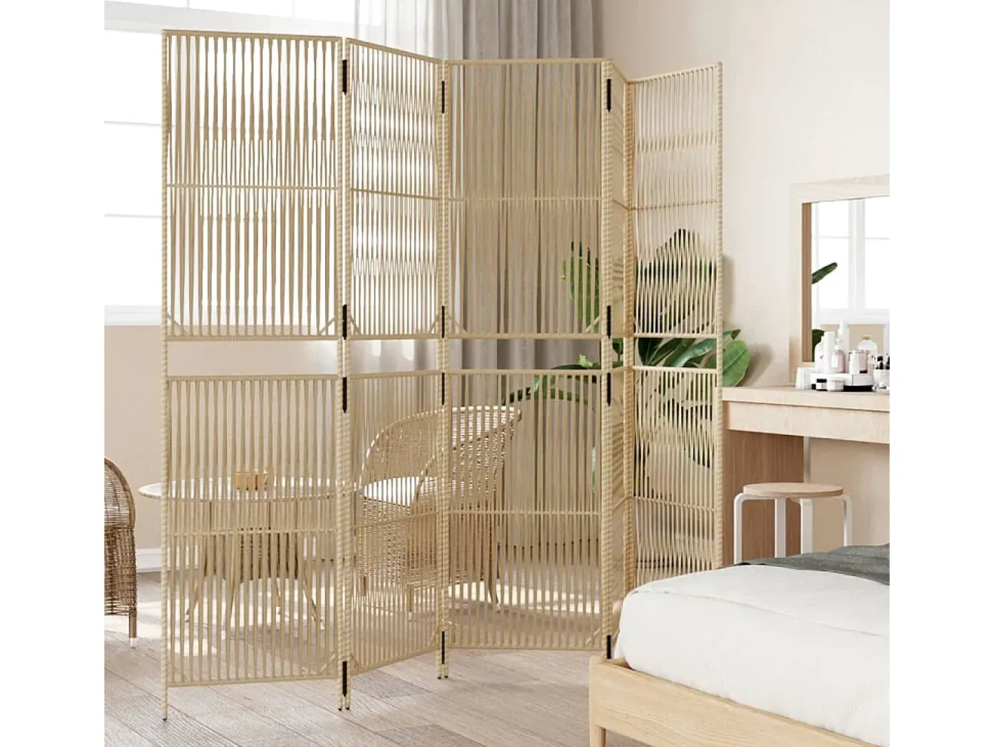 Biombo-Biombo de 5 paneles ratán sintético ES917539 Beige