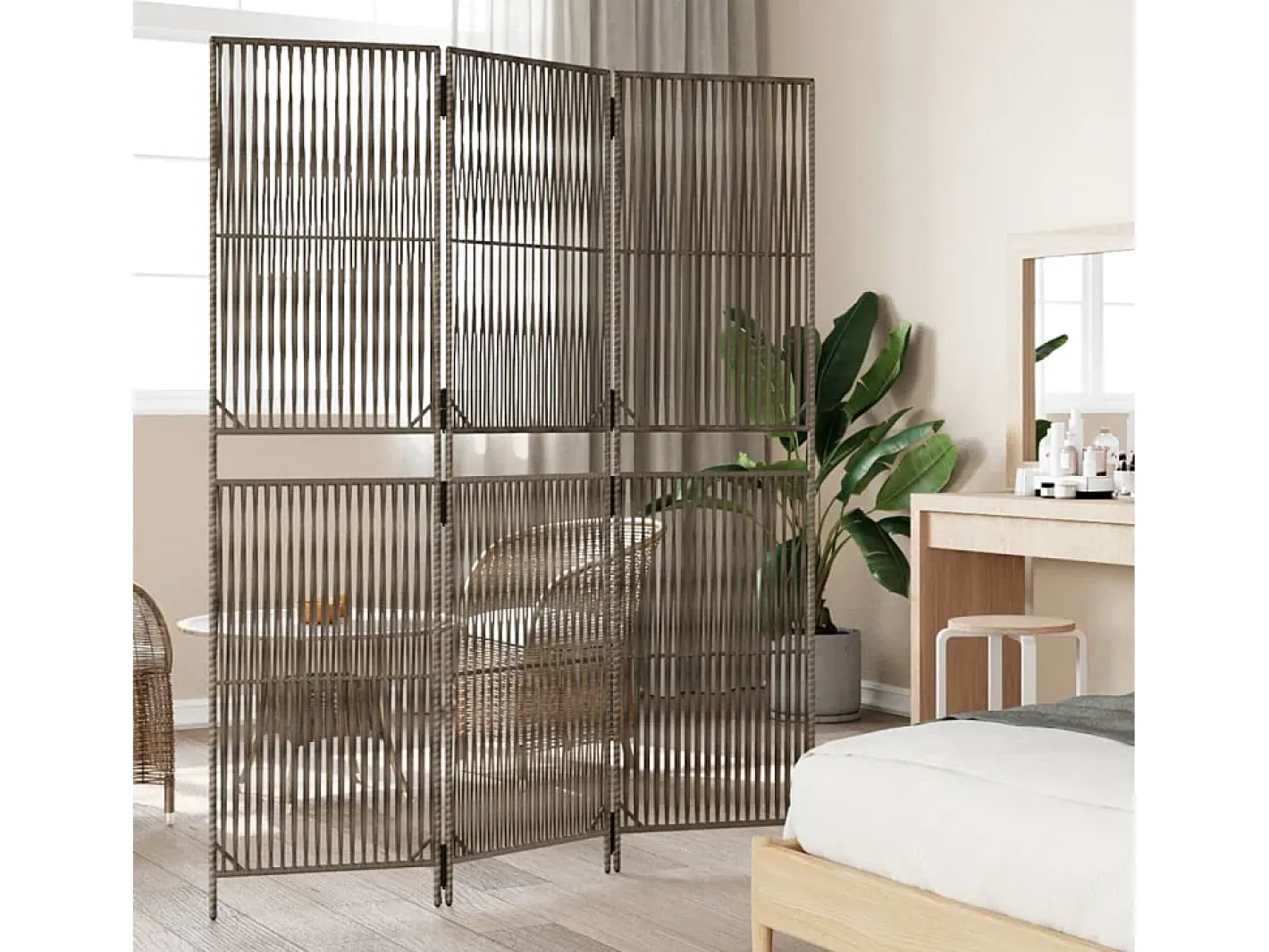 Biombo-Biombo de 3 paneles ratán sintético ES845291 Gris