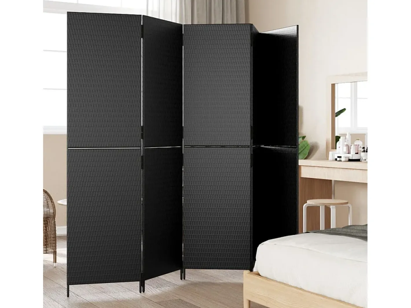 Biombo-Biombo de 5 paneles ratán sintético ES793721 Negro
