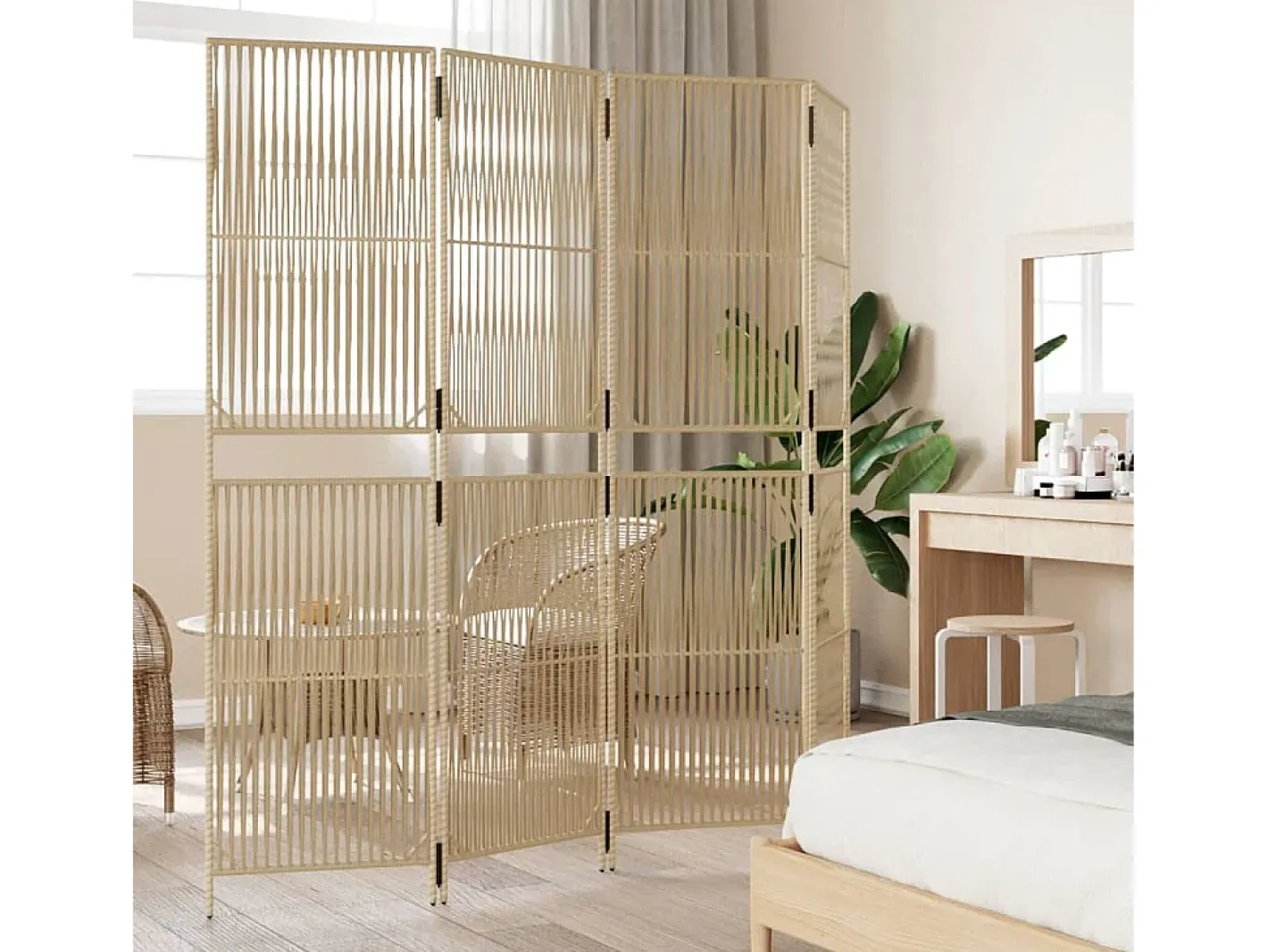 Biombo-Biombo de 4 paneles ratán sintético ES964766 Beige