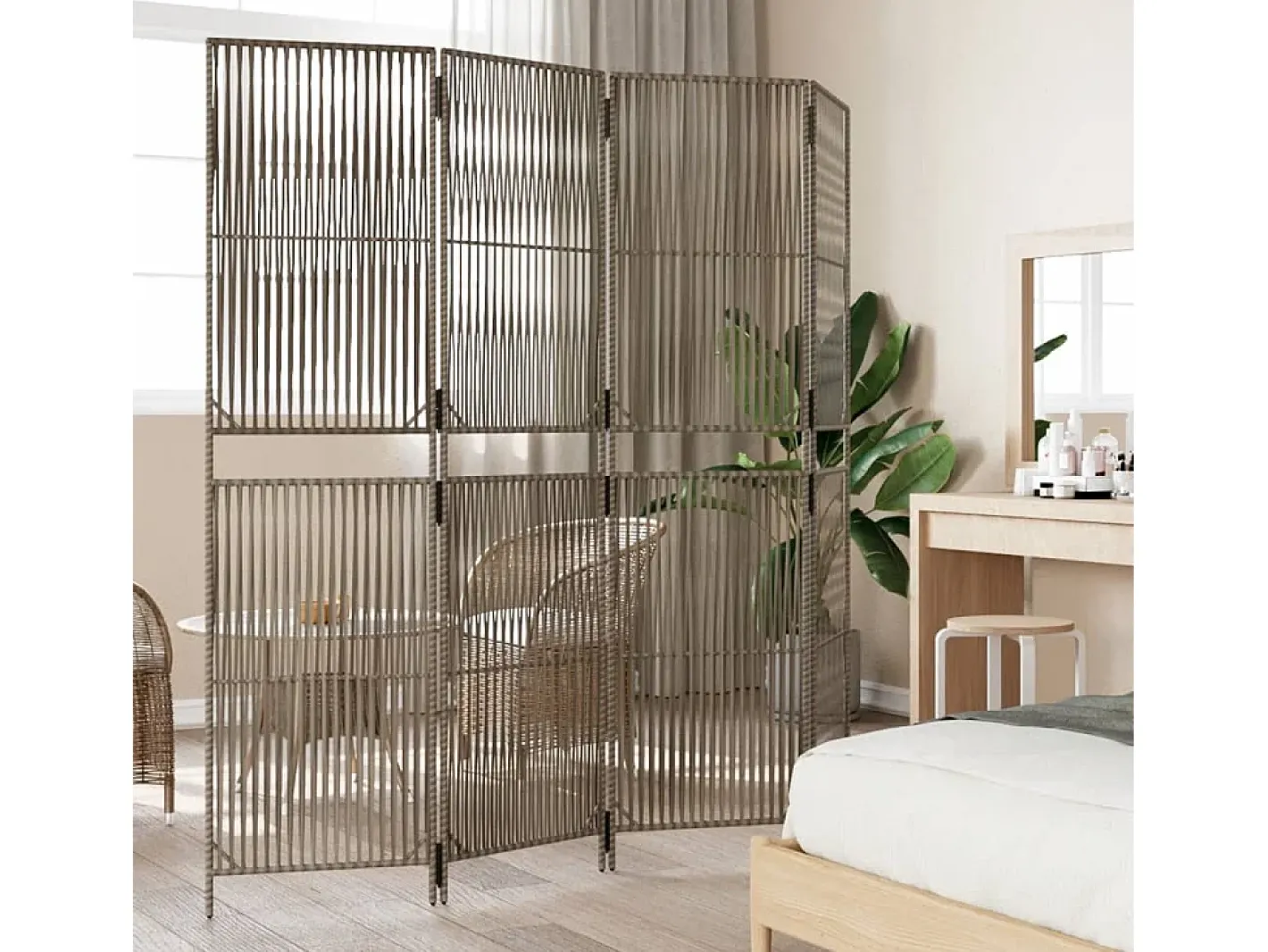 Biombo de 4 paneles ratán sintético ES525805 Gris