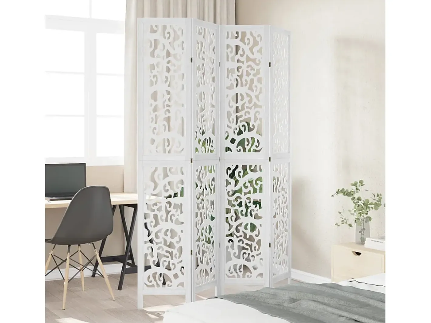 New Biombo separador de 4 paneles madera maciza Paulownia ES644583 Blanco