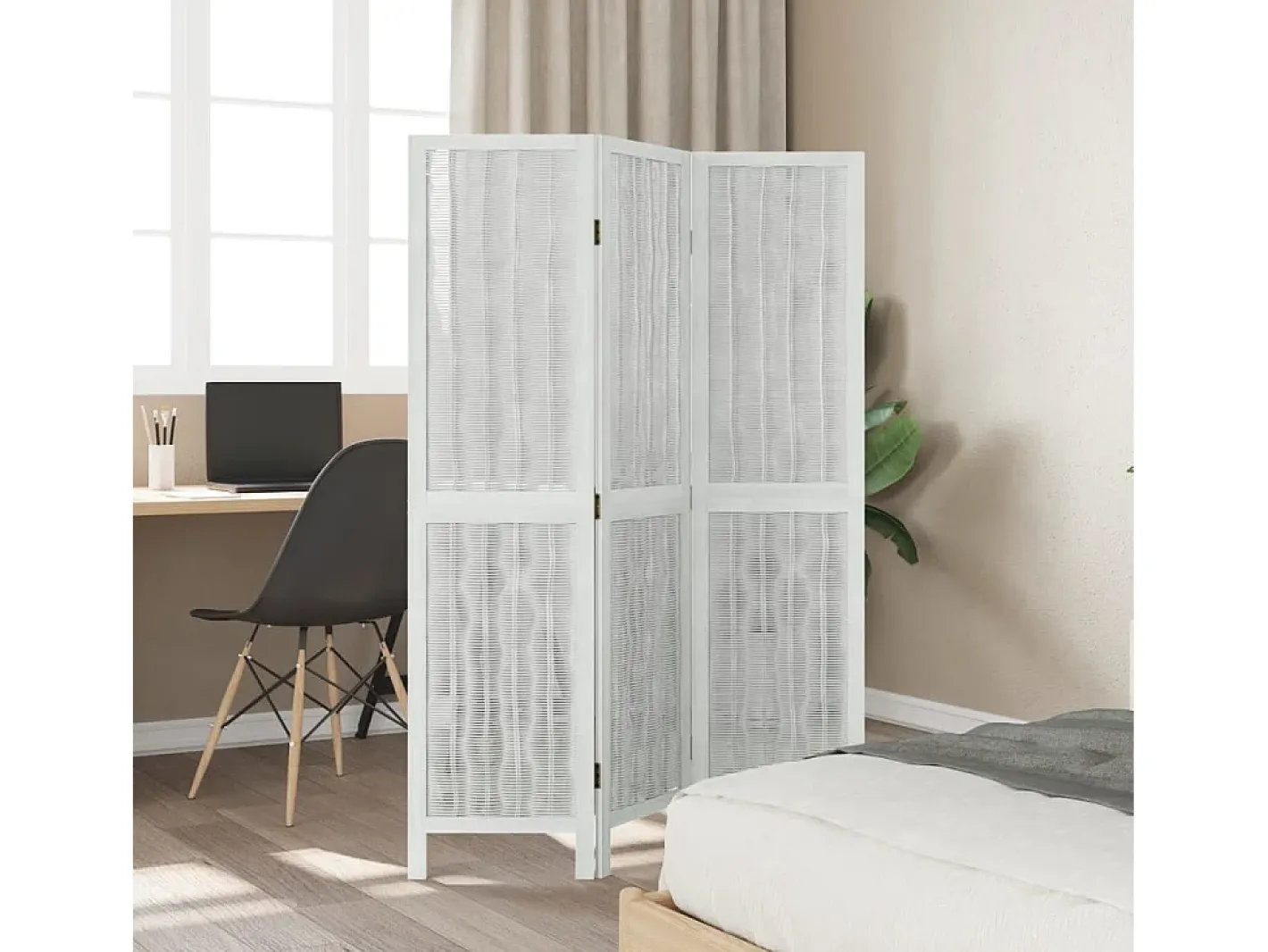 Clearance Biombo separador de 3 paneles madera maciza Paulownia ES254701 Blanco