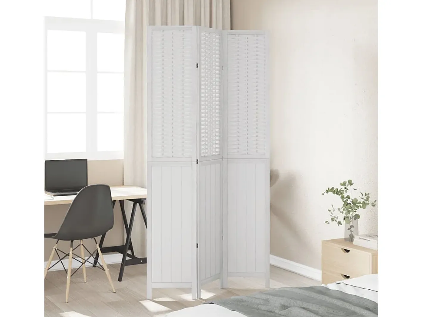 Best Biombo separador de 3 paneles madera maciza Paulownia ES923756 Blanco