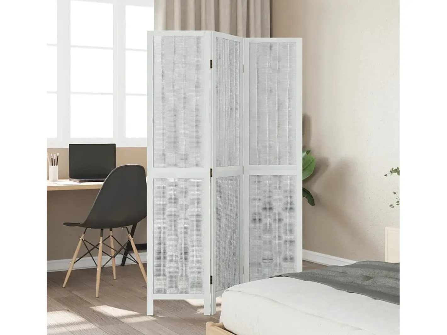 Discount Biombo separador de 3 paneles madera maciza Paulownia ES107386 Blanco