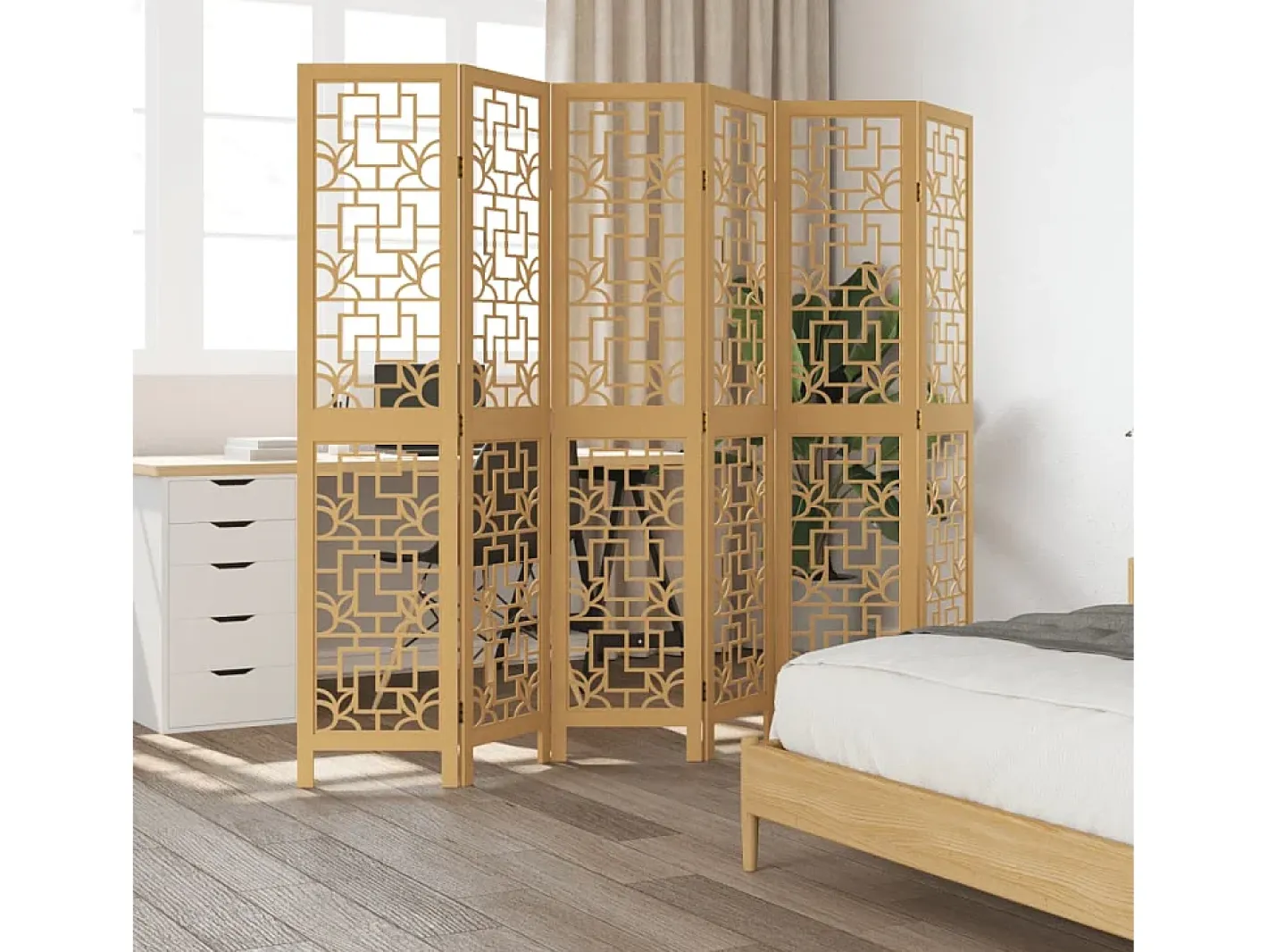 Biombo-Biombo separador de 6 paneles madera maciza paulownia marrón ES314596 Marru00f3n