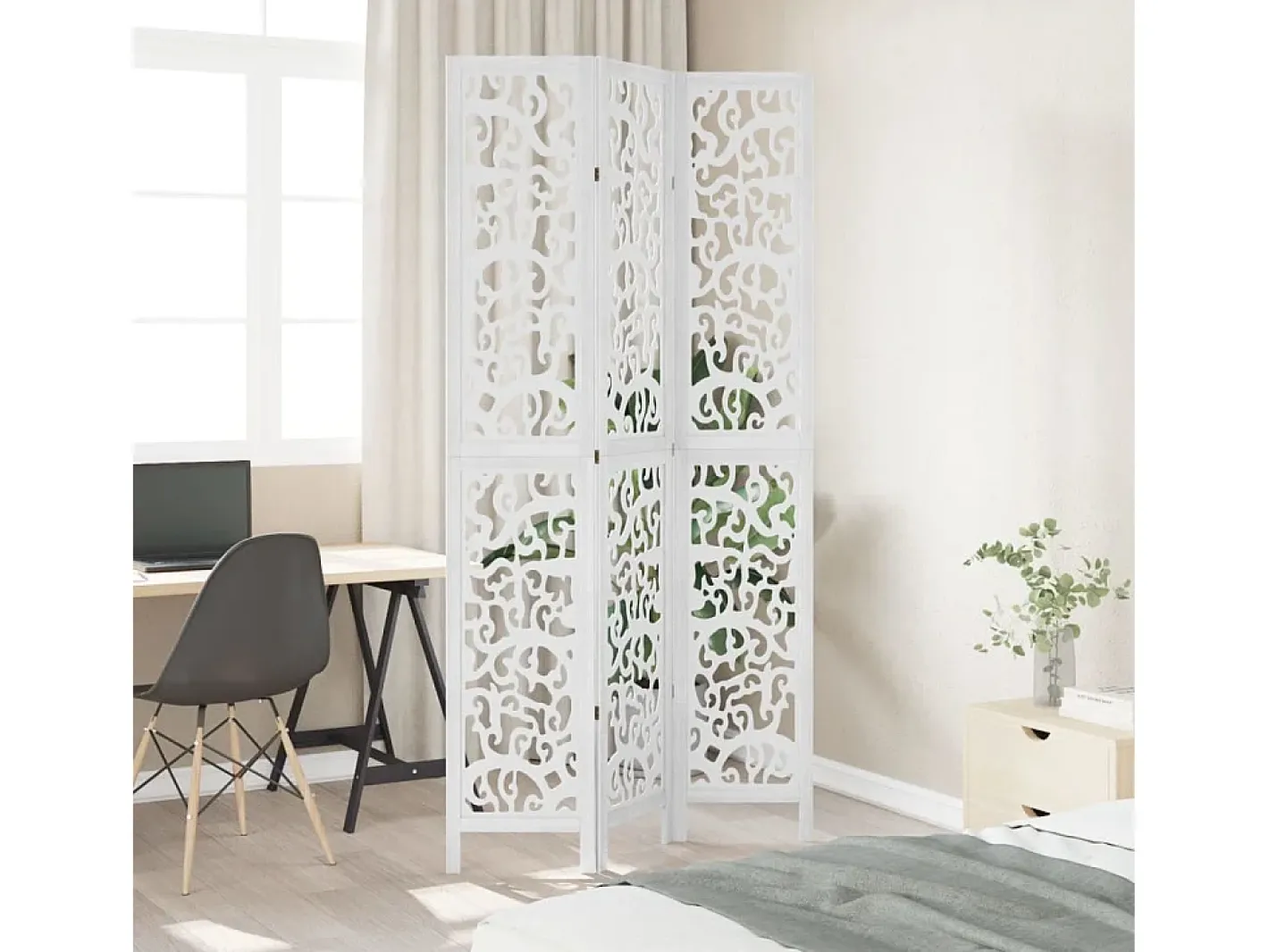 Biombo separador de 3 paneles madera maciza Paulownia ES316099 Blanco New