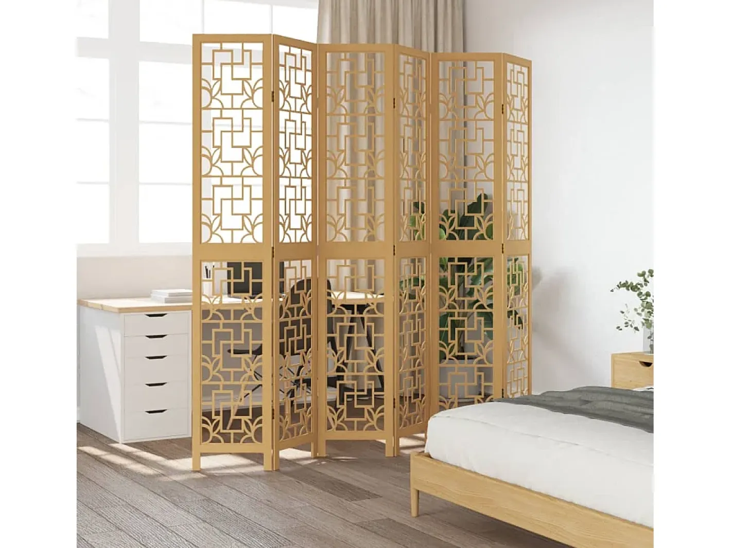 Best Biombo separador de 6 paneles madera maciza paulownia marrón ES718804 Marru00f3n
