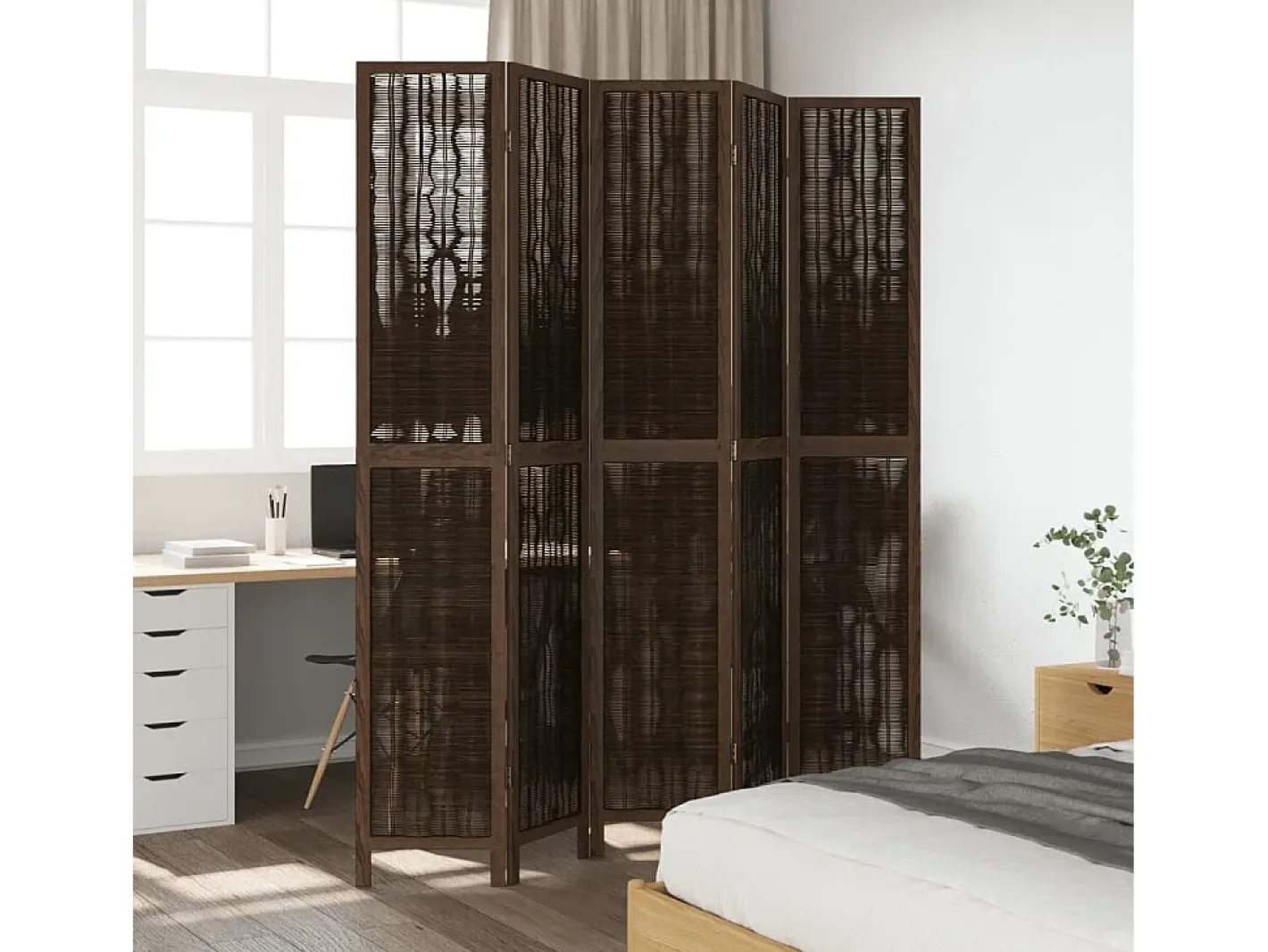 Biombo-Biombo separador de 5 paneles madera paulownia marrón oscuro ES107911 Marru00f3n