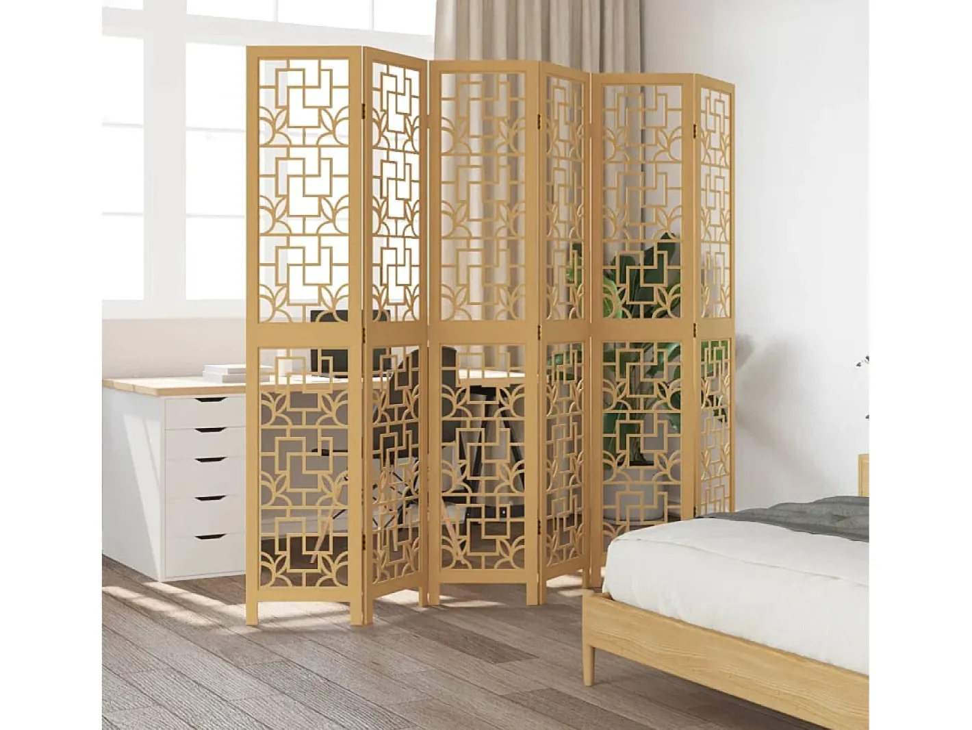 Biombo-Biombo separador de 6 paneles madera maciza paulownia marrón ES692106 Marru00f3n