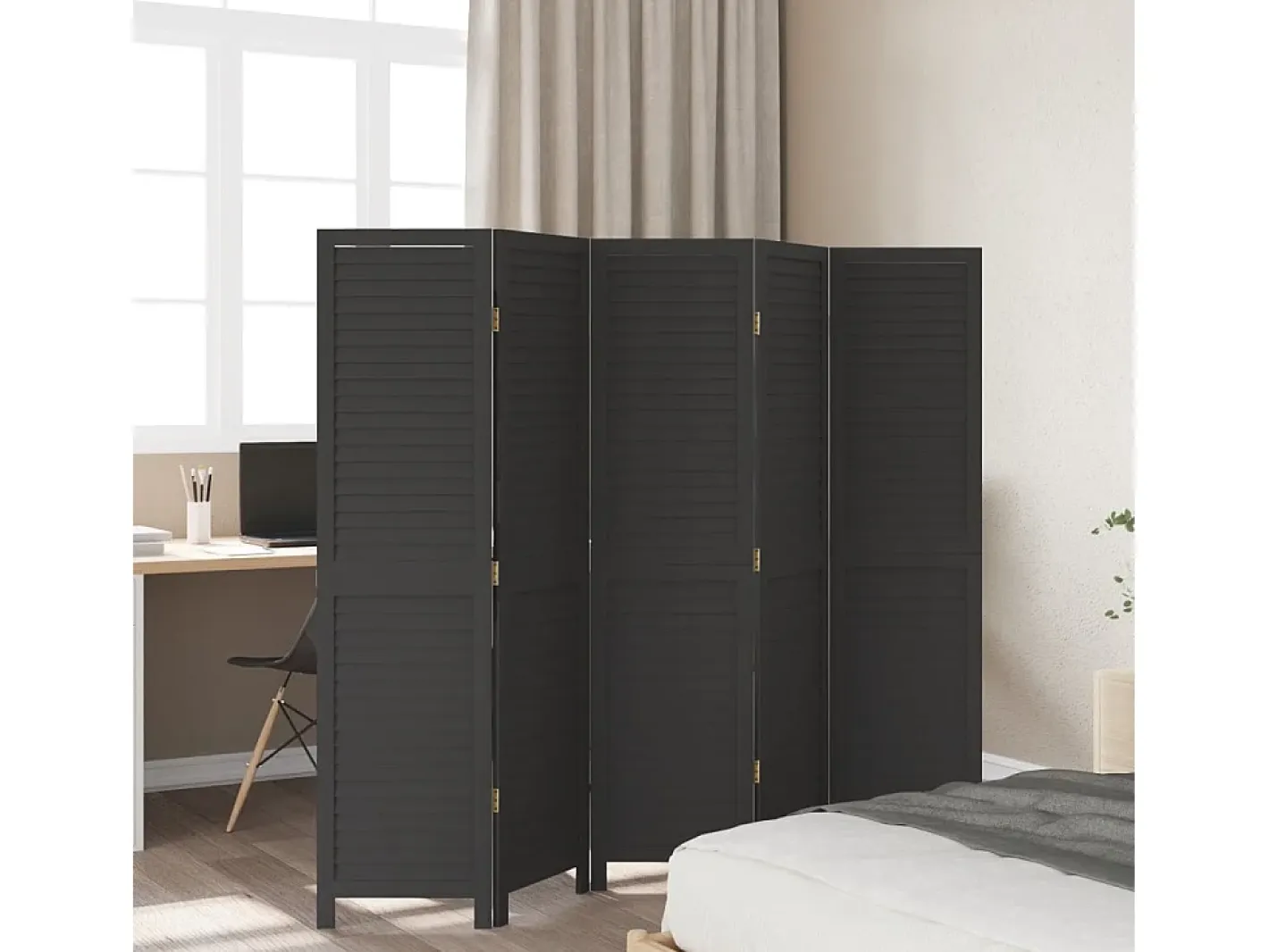Biombo separador de 5 paneles madera maciza Paulownia ES369047 Negro Clearance
