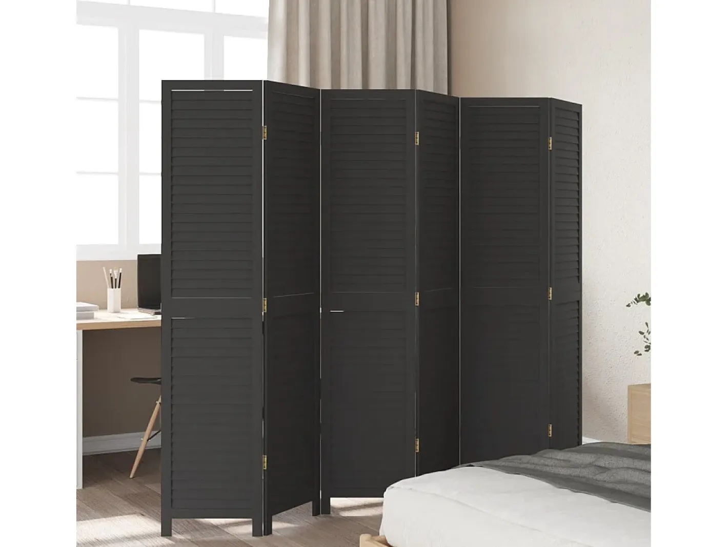 Biombo-Biombo separador de 6 paneles madera maciza Paulownia ES892666 Negro