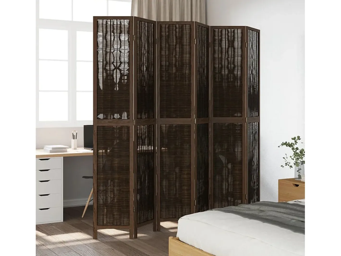 Biombo-Biombo separador de 6 paneles madera paulownia marrón oscuro ES149600 Marru00f3n
