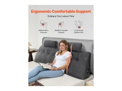 Cojín de Lectura SucceBuy, con 2 Bolsillos Laterales y 2 Reposacabezas, Almohada de Franela Lavable, Soporte Lumbar para Leer, Descansar, Gris